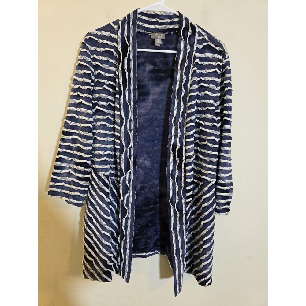 Travelers by Chico's Sz 2(Large)Blue/White Textured Striped Open Knit Cardigan‎